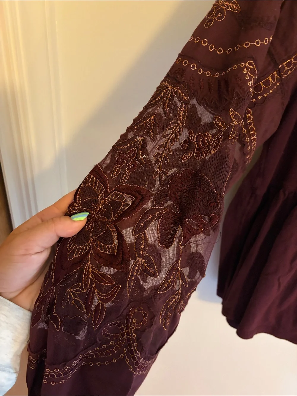 Free People Women's Embroidered Long-Sleeve Baby Doll Top - Burgundy